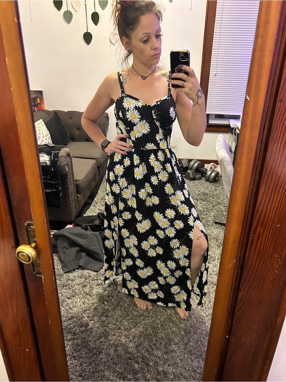 Black Daisy Print Maxi Dress with Side Slit
